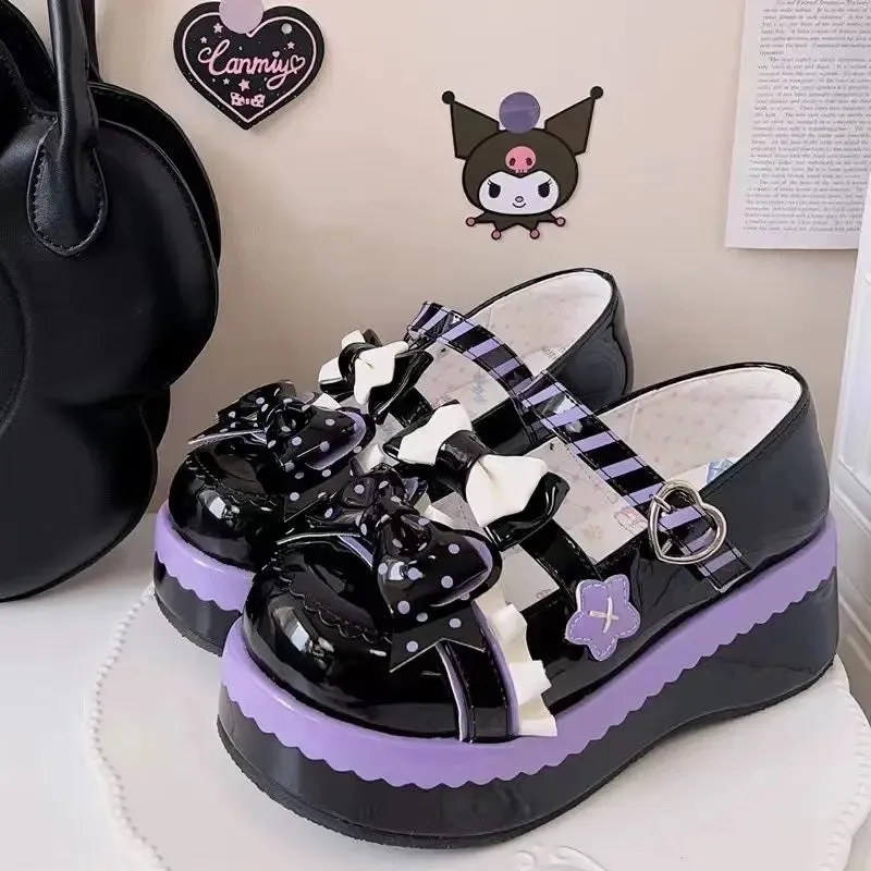 Sohiwoo Sweet Girls Lolita Gothic Shoes Monk Straps High Heels Cute Bowknots Flat Platform Mary Jane Shoes