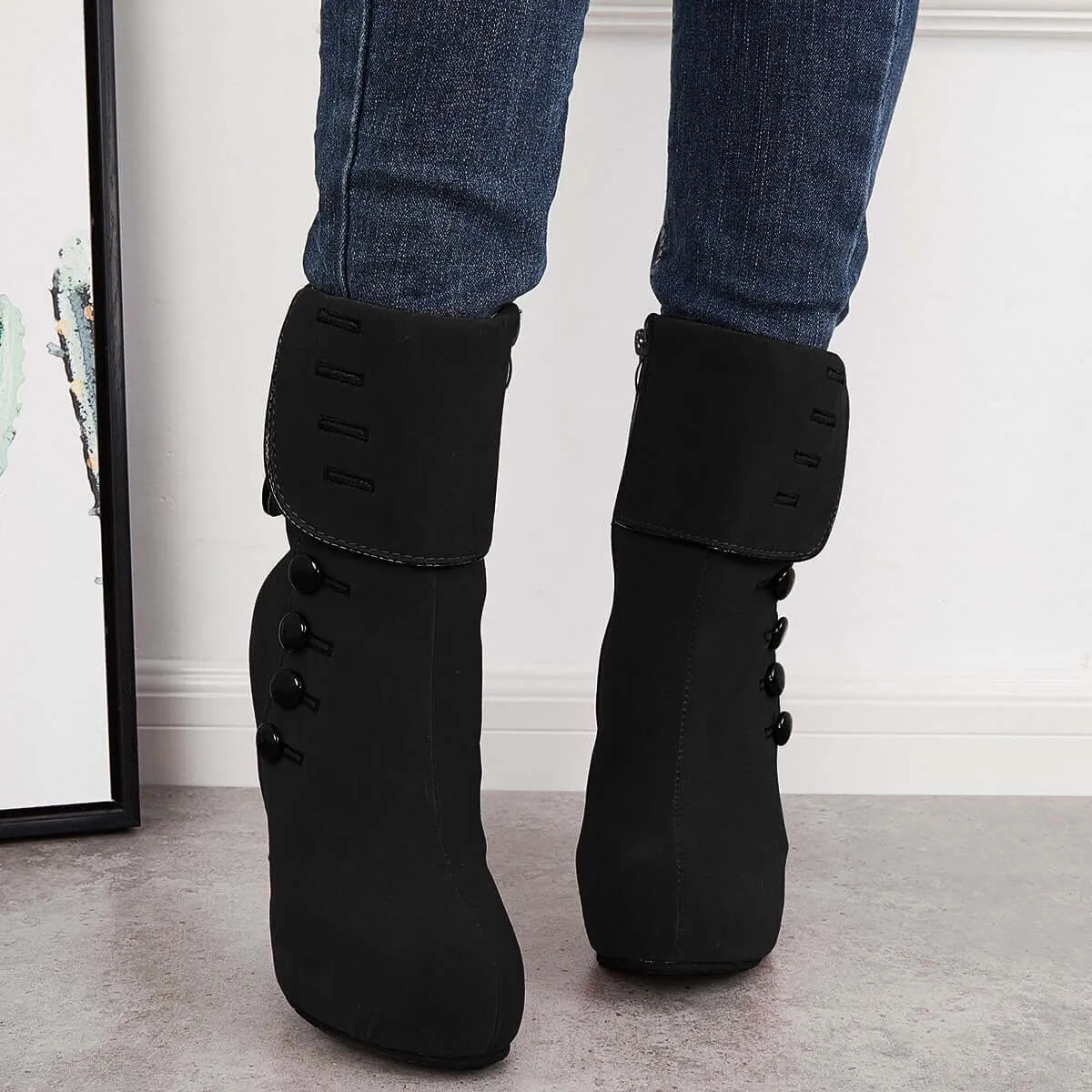 Sohiwoo Women Platform Chunky High Heel Booties Side Buttons Ankle Boots