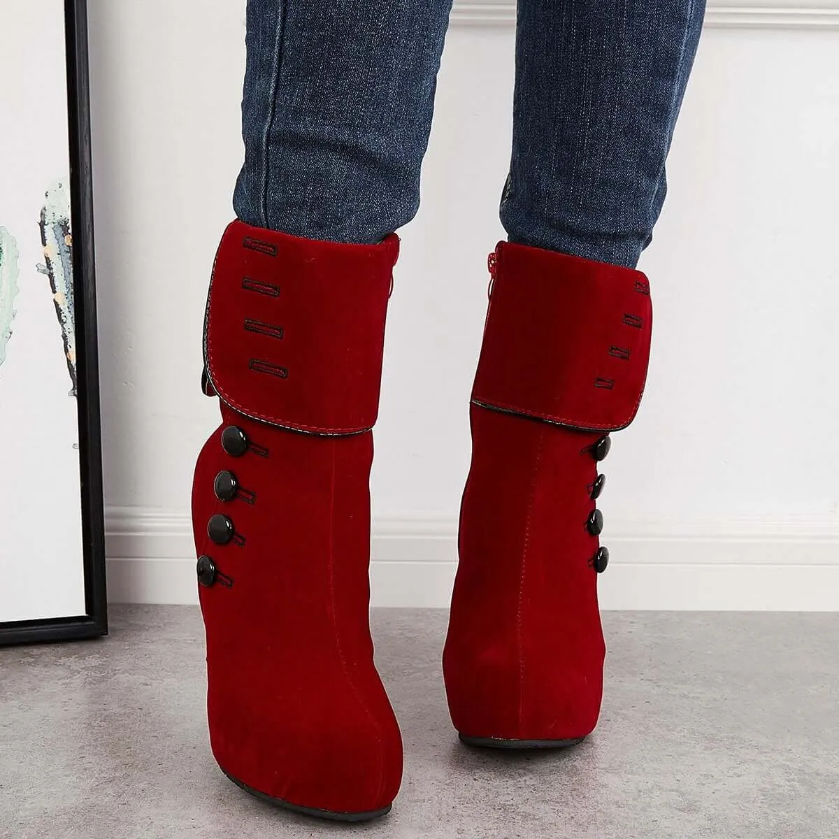 Sohiwoo Women Platform Chunky High Heel Booties Side Buttons Ankle Boots