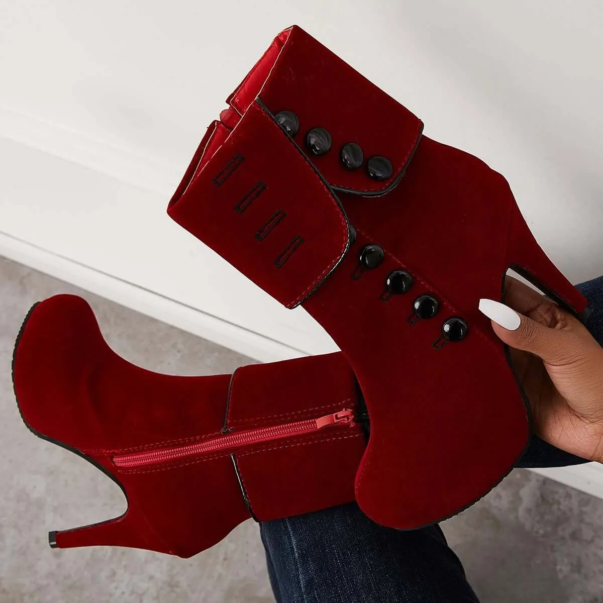 Sohiwoo Women Platform Chunky High Heel Booties Side Buttons Ankle Boots