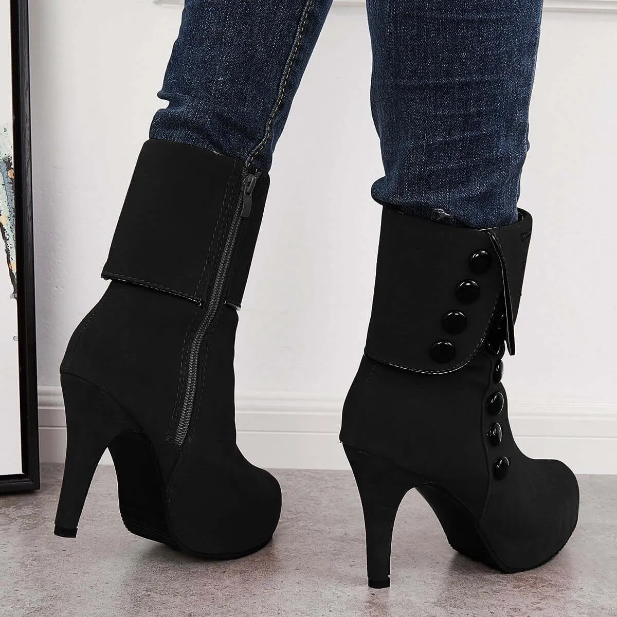 Sohiwoo Women Platform Chunky High Heel Booties Side Buttons Ankle Boots