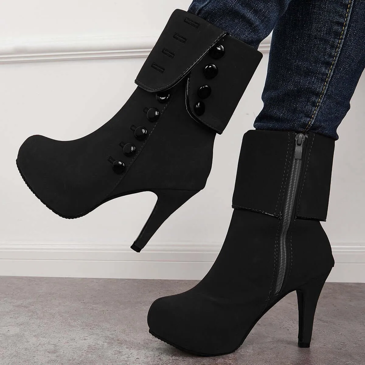 Sohiwoo Women Platform Chunky High Heel Booties Side Buttons Ankle Boots