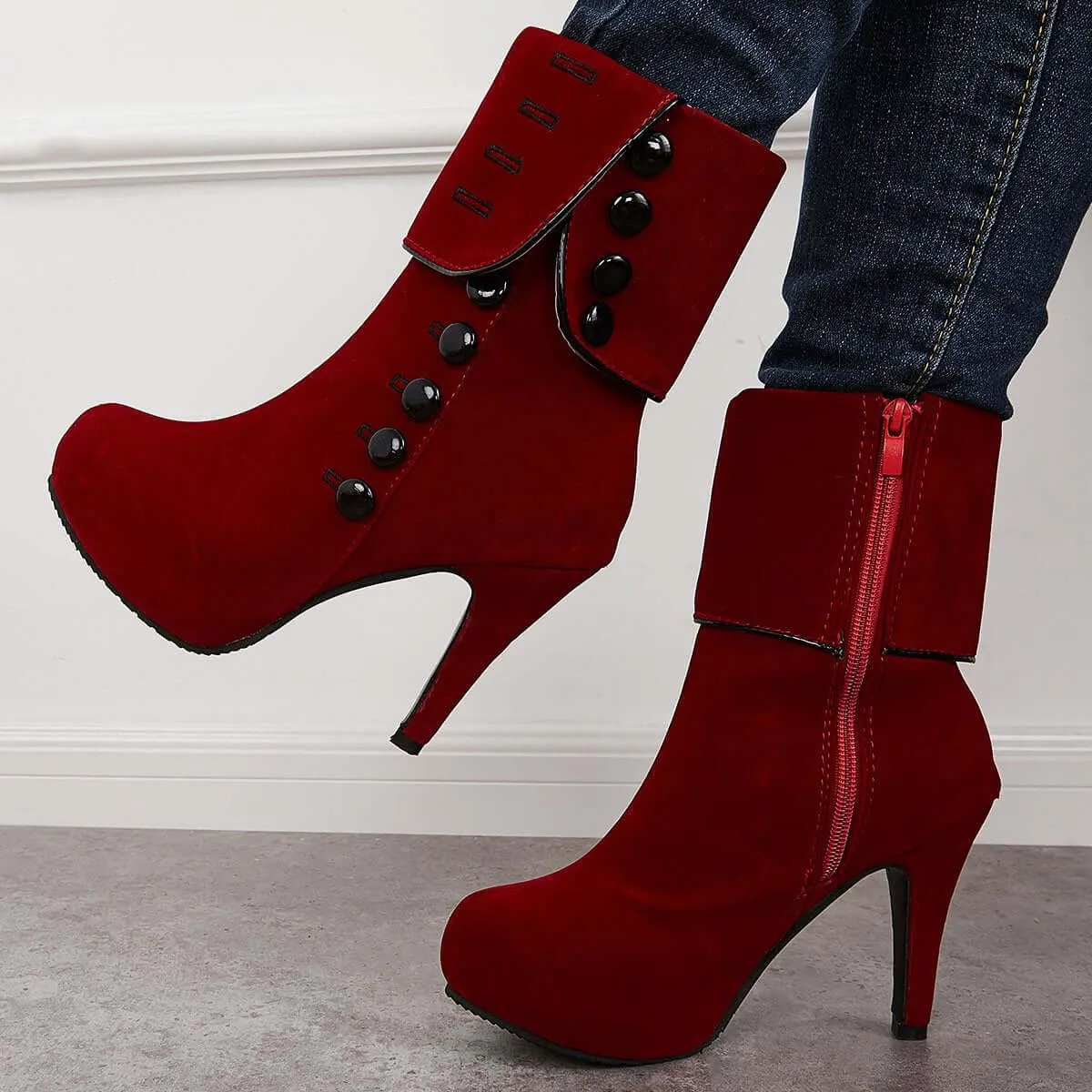 Sohiwoo Women Platform Chunky High Heel Booties Side Buttons Ankle Boots