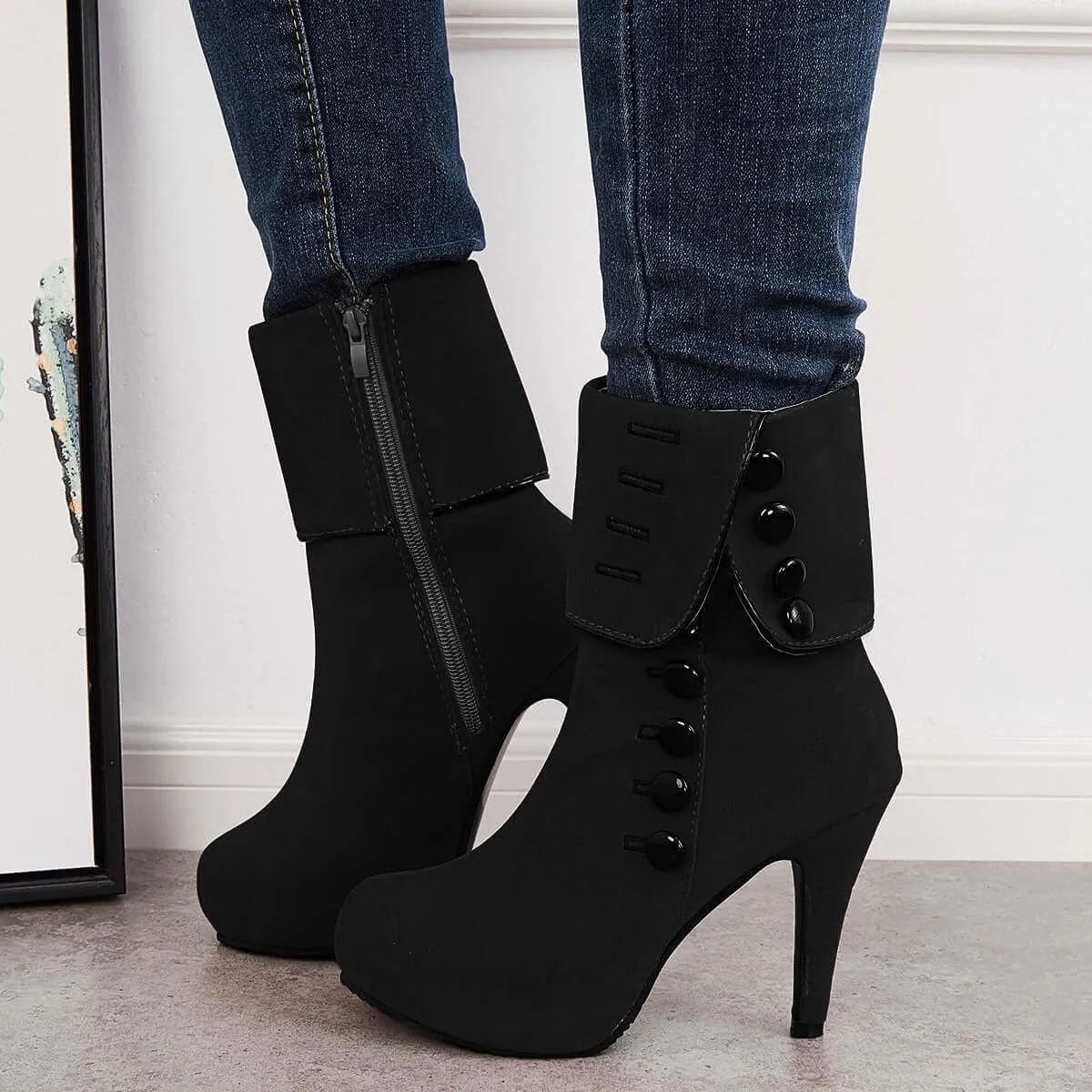 Sohiwoo Women Platform Chunky High Heel Booties Side Buttons Ankle Boots