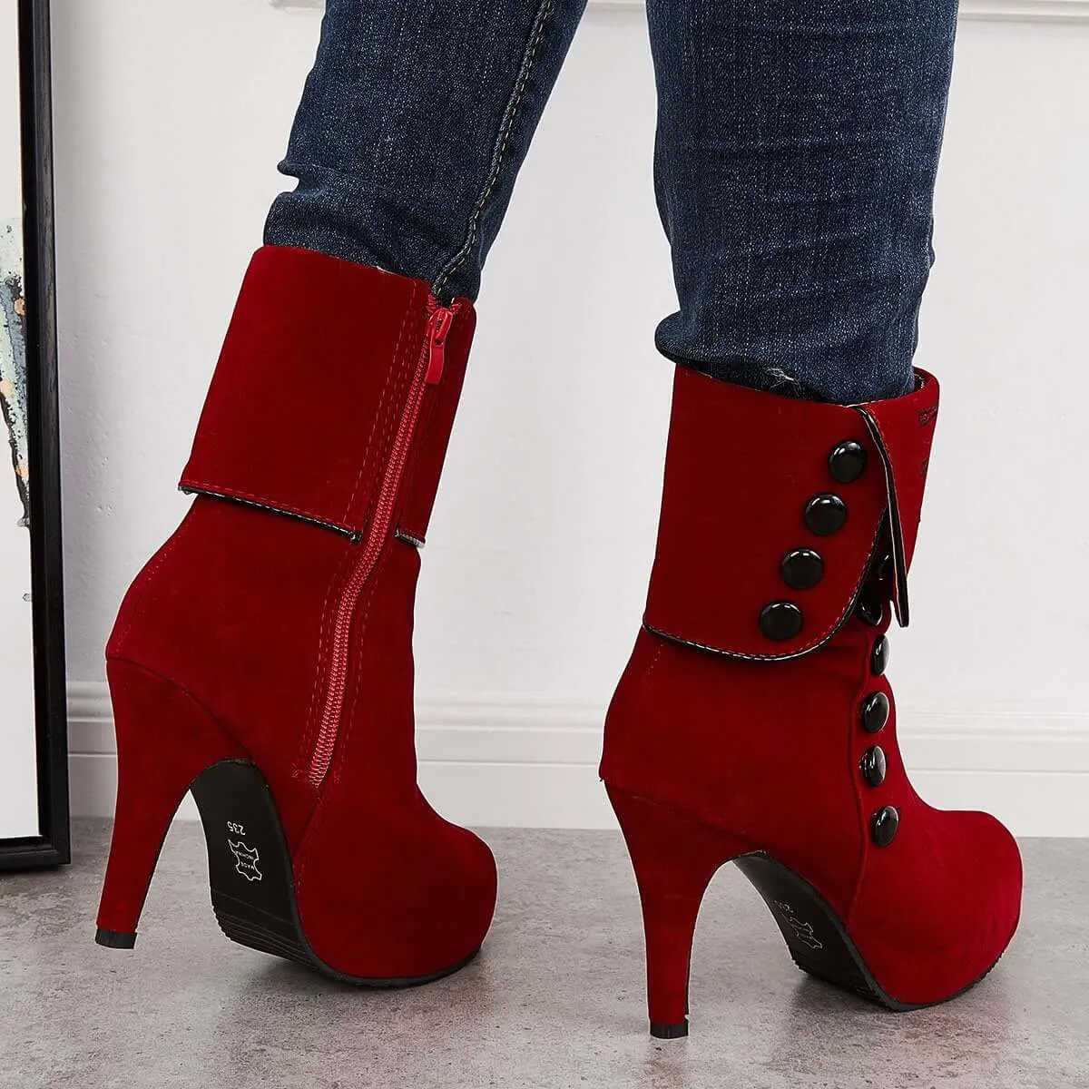 Sohiwoo Women Platform Chunky High Heel Booties Side Buttons Ankle Boots