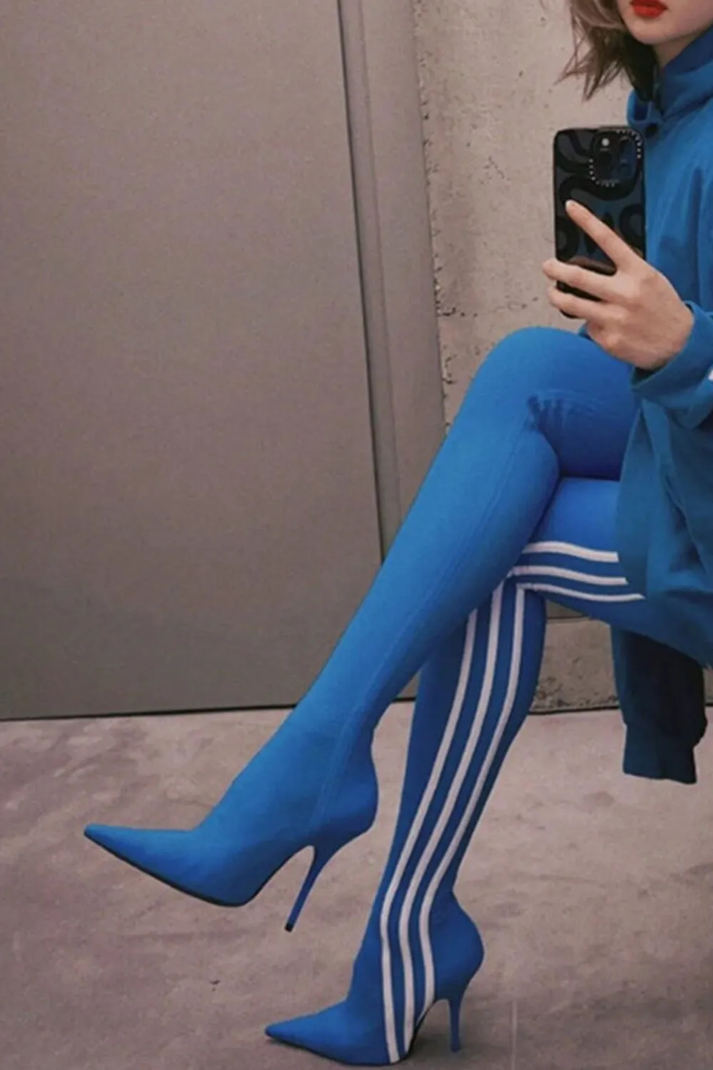 Striped Heeled Thigh High Sock Boots - Blue