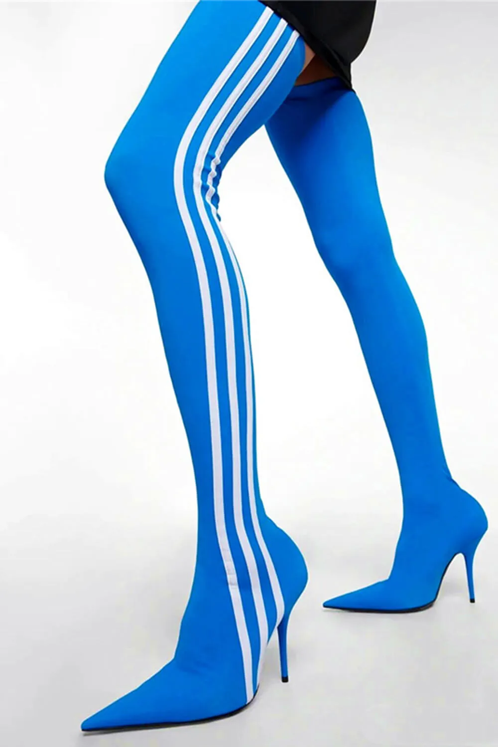 Striped Heeled Thigh High Sock Boots - Blue