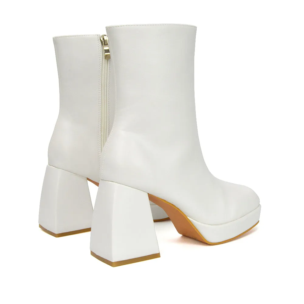 Sylvie Chunky Heel Ankle Boots With Square Toe Platform Booties In White Synthetic Leather