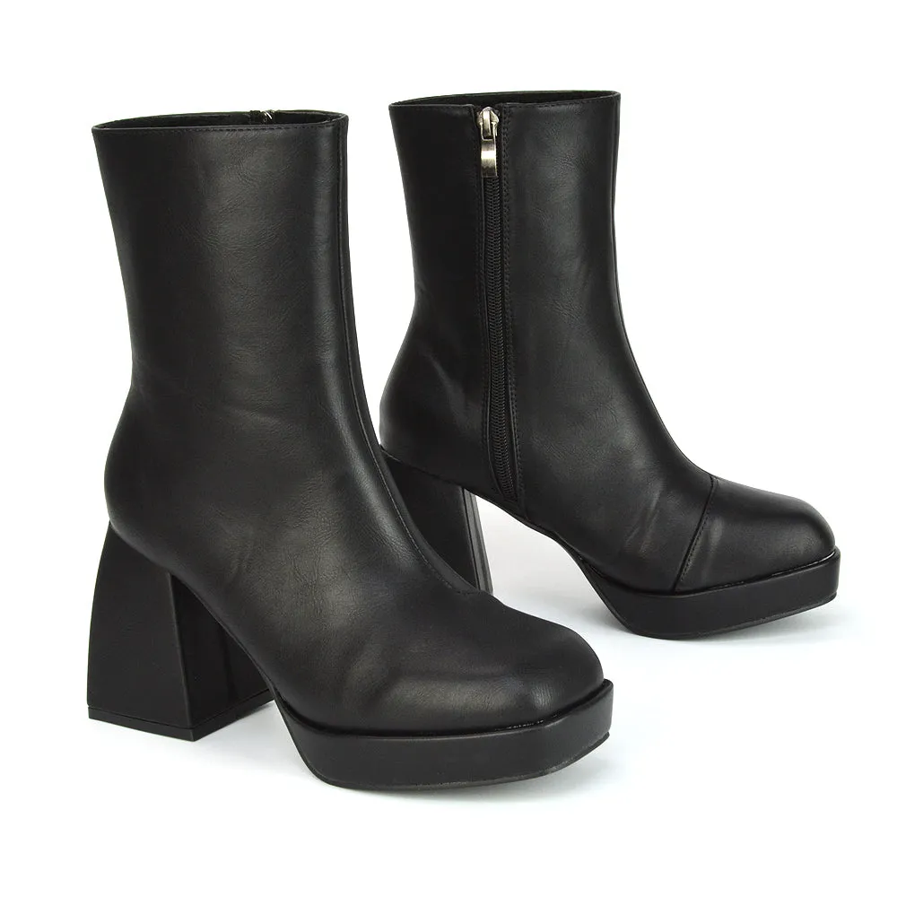 Sylvie Chunky Heel Ankle Boots With Square Toe Platform Booties In White Synthetic Leather