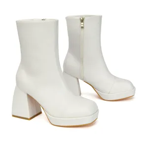 Sylvie Chunky Heel Ankle Boots With Square Toe Platform Booties In White Synthetic Leather