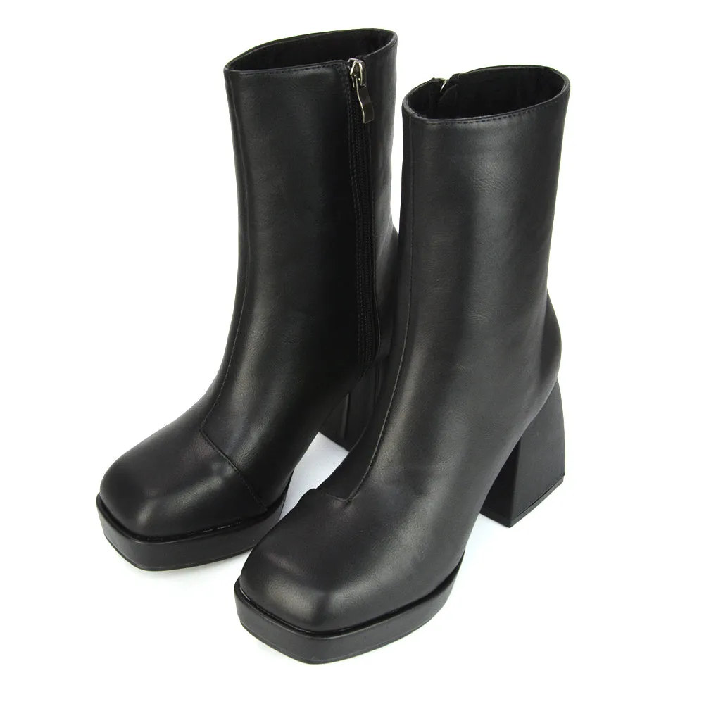 Sylvie Chunky Heel Ankle Boots With Square Toe Platform Booties In White Synthetic Leather