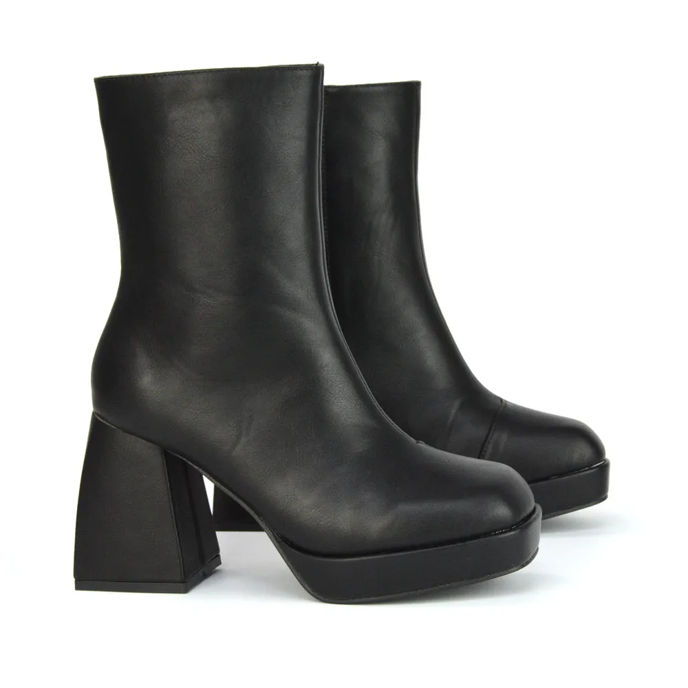 Sylvie Chunky Heel Ankle Boots With Square Toe Platform Booties In White Synthetic Leather