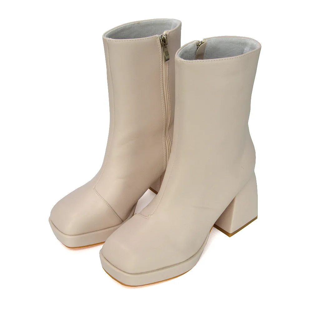 Sylvie Chunky Heel Ankle Boots With Square Toe Platform Booties In White Synthetic Leather