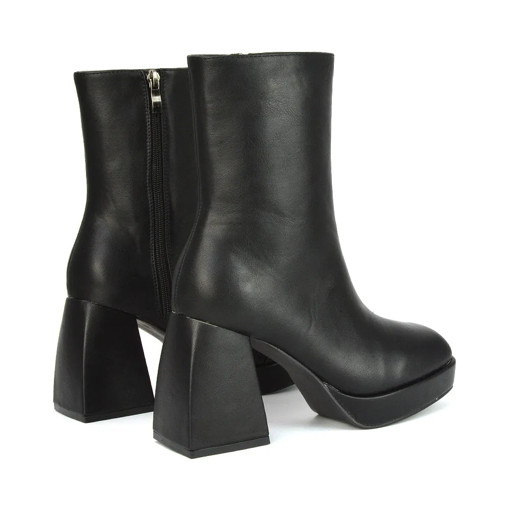 Sylvie Chunky Heel Ankle Boots With Square Toe Platform Booties In White Synthetic Leather