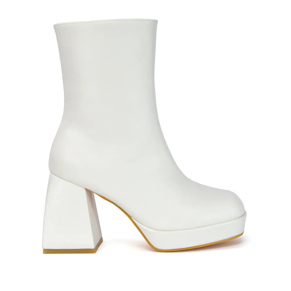 Sylvie Chunky Heel Ankle Boots With Square Toe Platform Booties In White Synthetic Leather