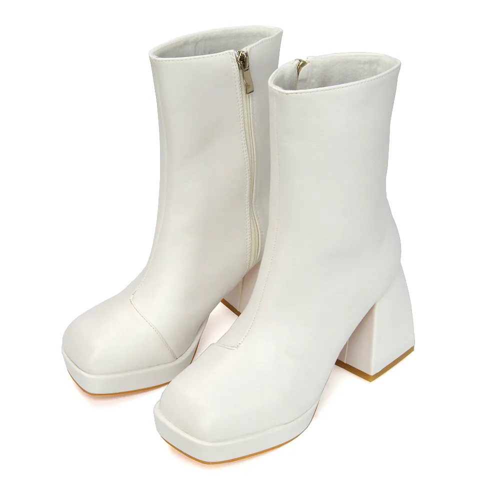 Sylvie Chunky Heel Ankle Boots With Square Toe Platform Booties In White Synthetic Leather