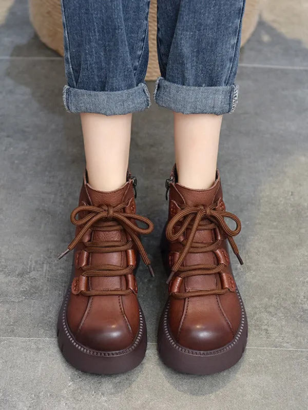 Vintage Cow Leather Wool Boots Platform Shoes