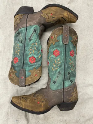 Vintage Poppy & Turquoise Snip Toe Cowboy Boots