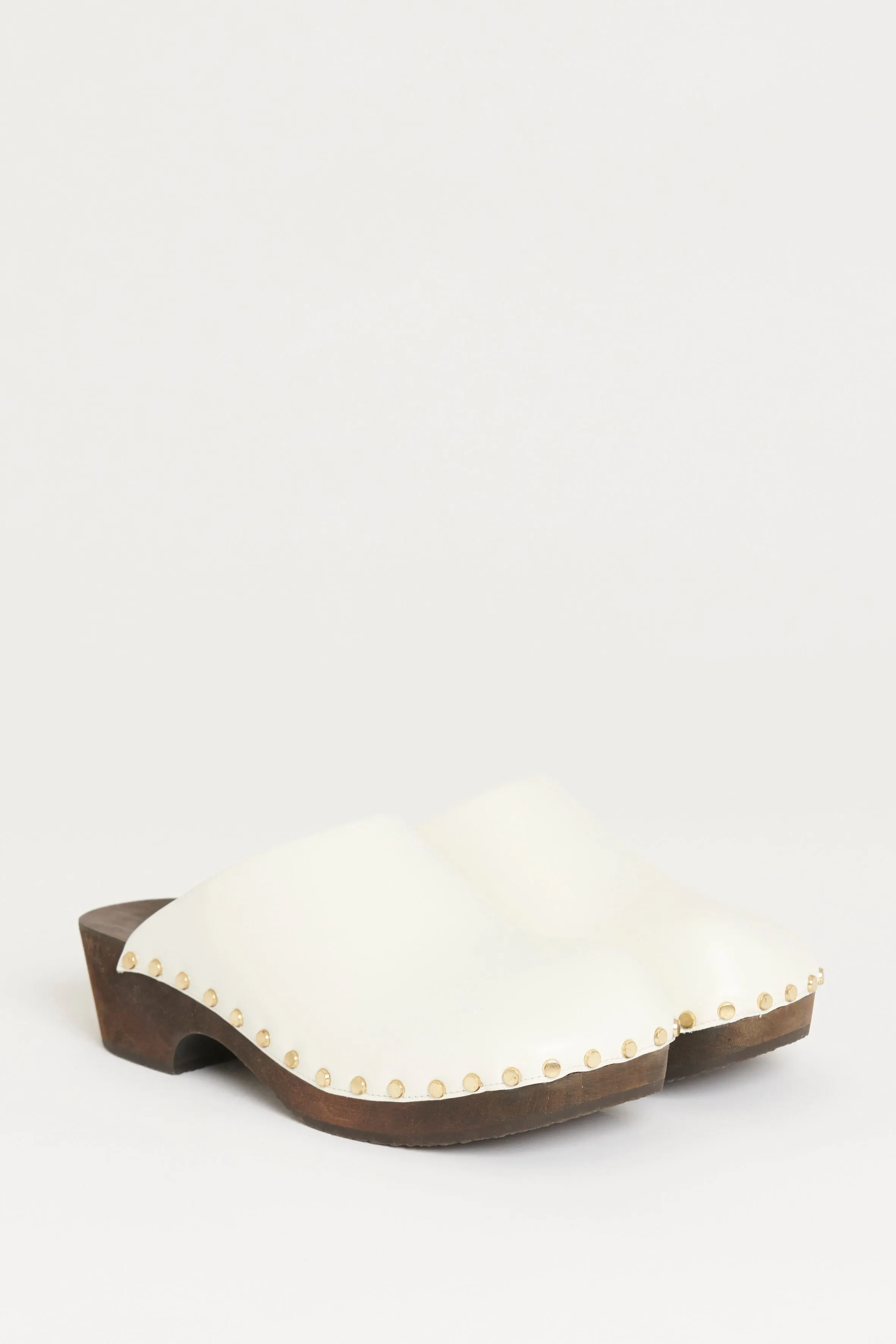 White Leather Wooden Heel Preowned Clogs