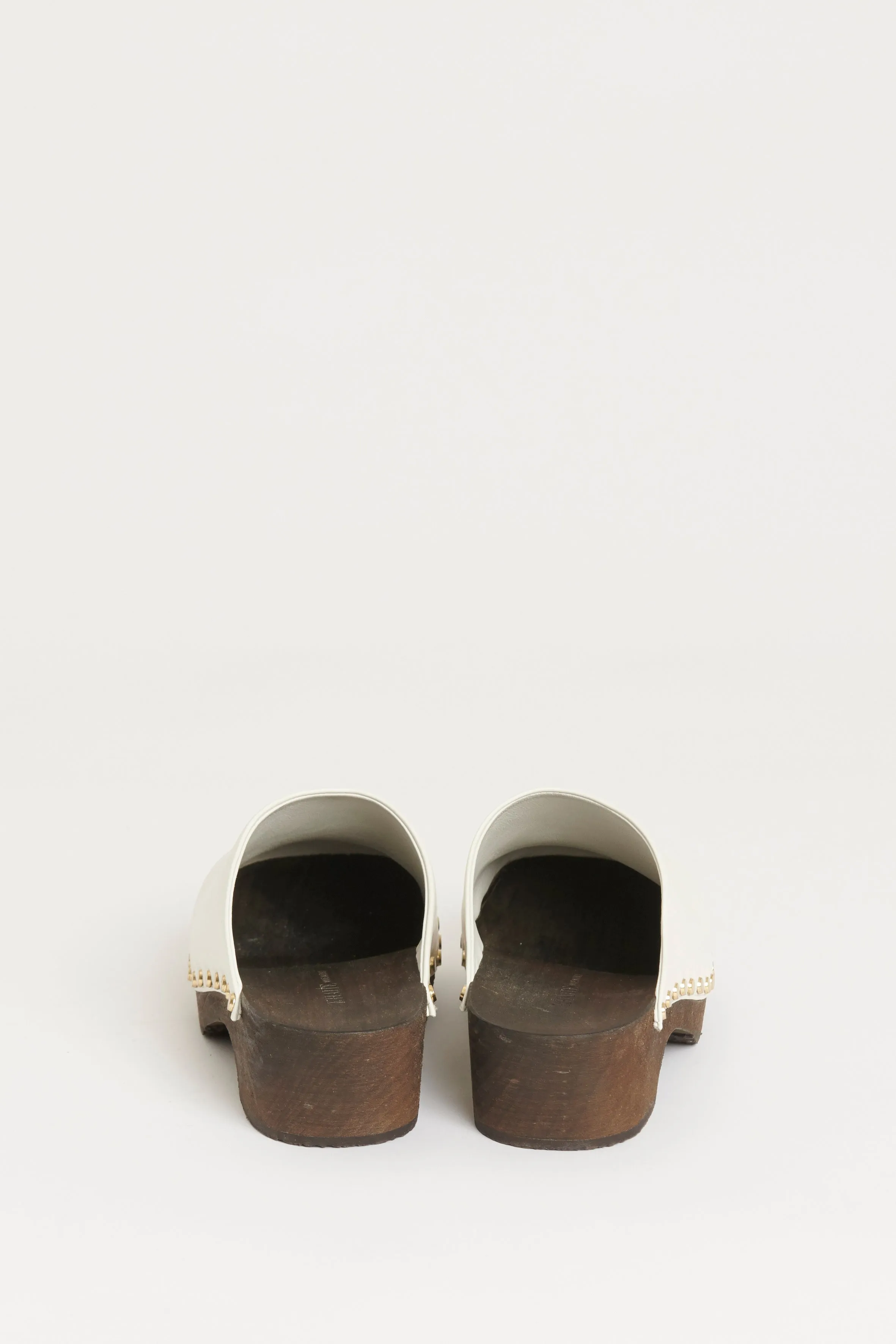 White Leather Wooden Heel Preowned Clogs