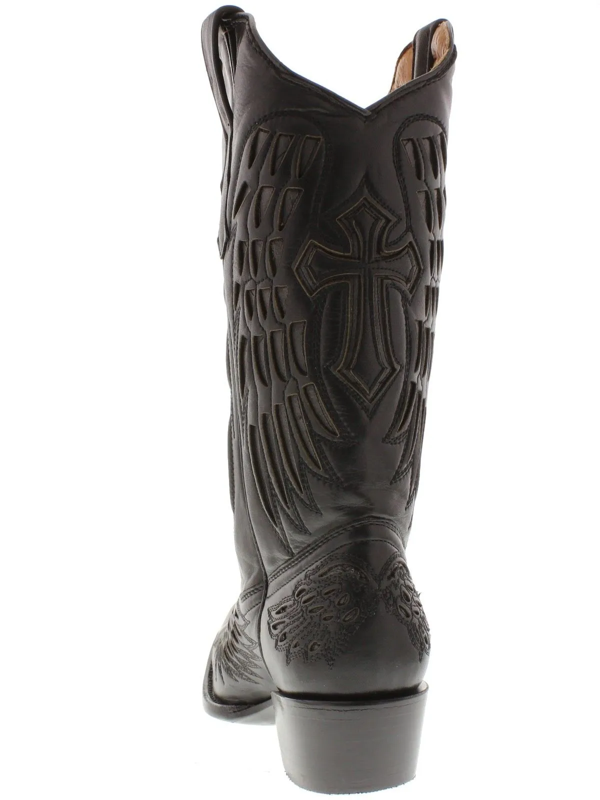 Women's 550C Full Black Cross & Wings Leather Cowboy Boots Snip Toe - CP2