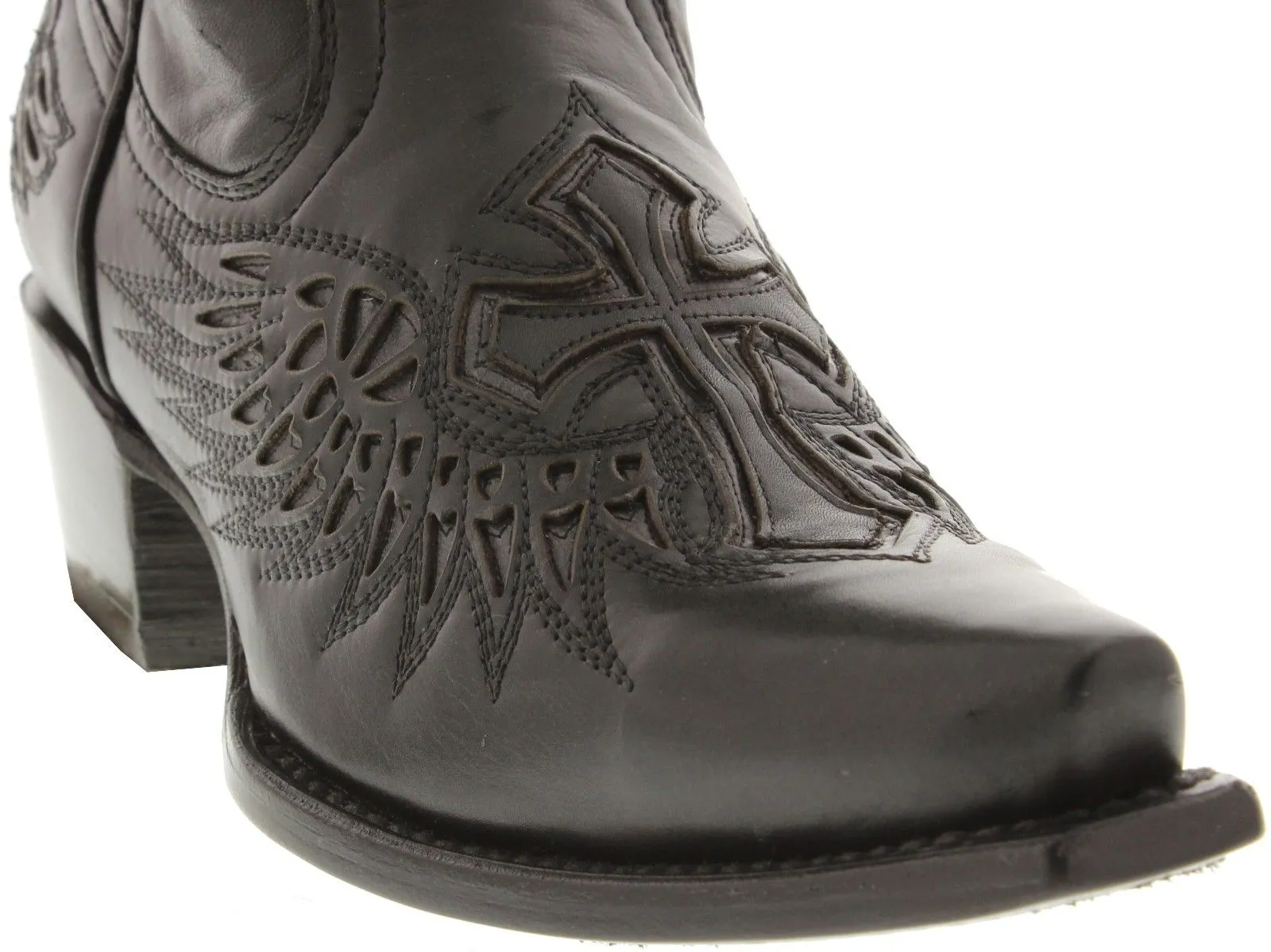 Women's 550C Full Black Cross & Wings Leather Cowboy Boots Snip Toe - CP2