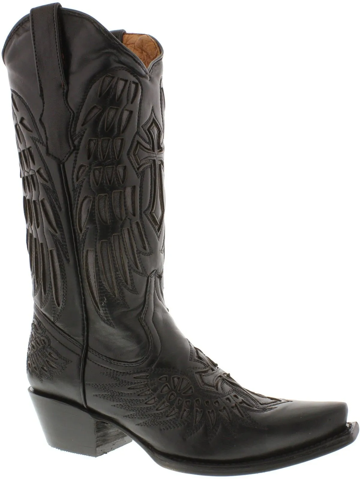 Women's 550C Full Black Cross & Wings Leather Cowboy Boots Snip Toe - CP2