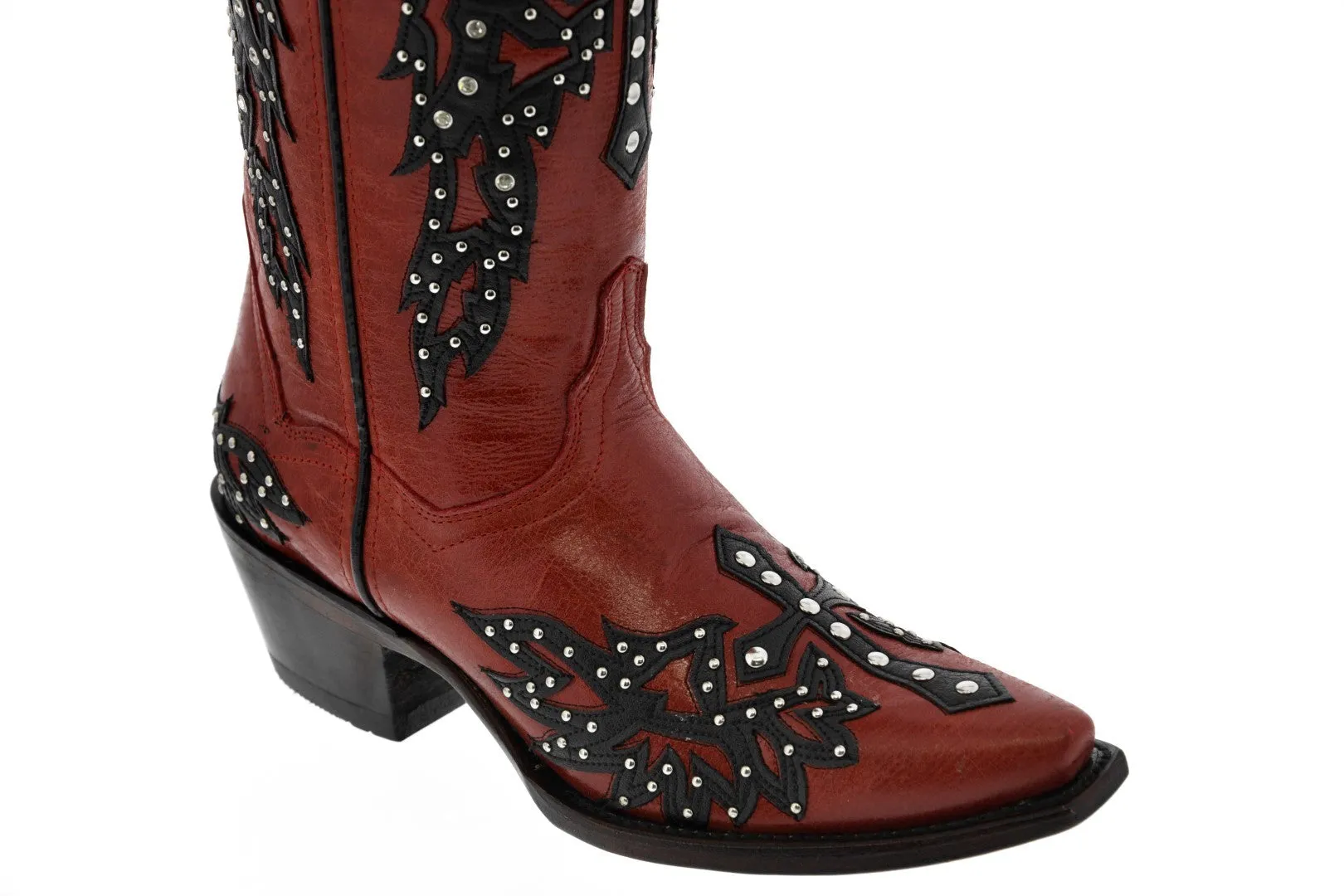 Womens Angels Red Leather Cowboy Boots Studded Snip Toe