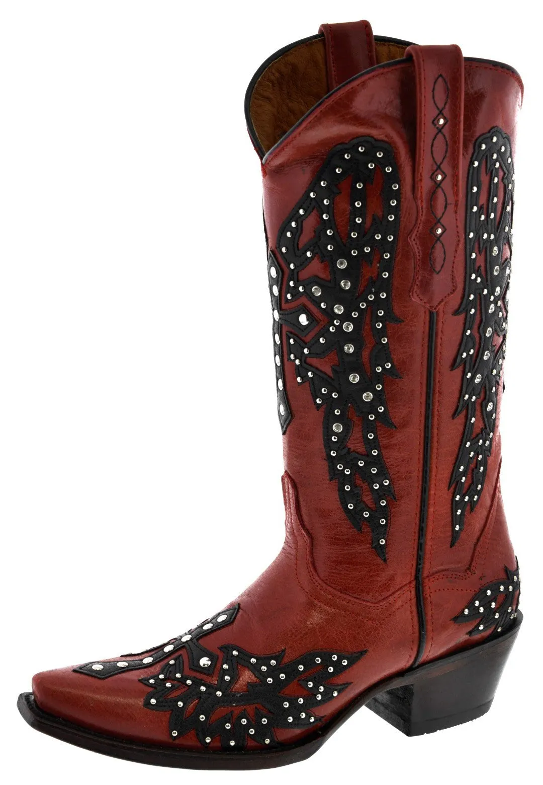 Womens Angels Red Leather Cowboy Boots Studded Snip Toe