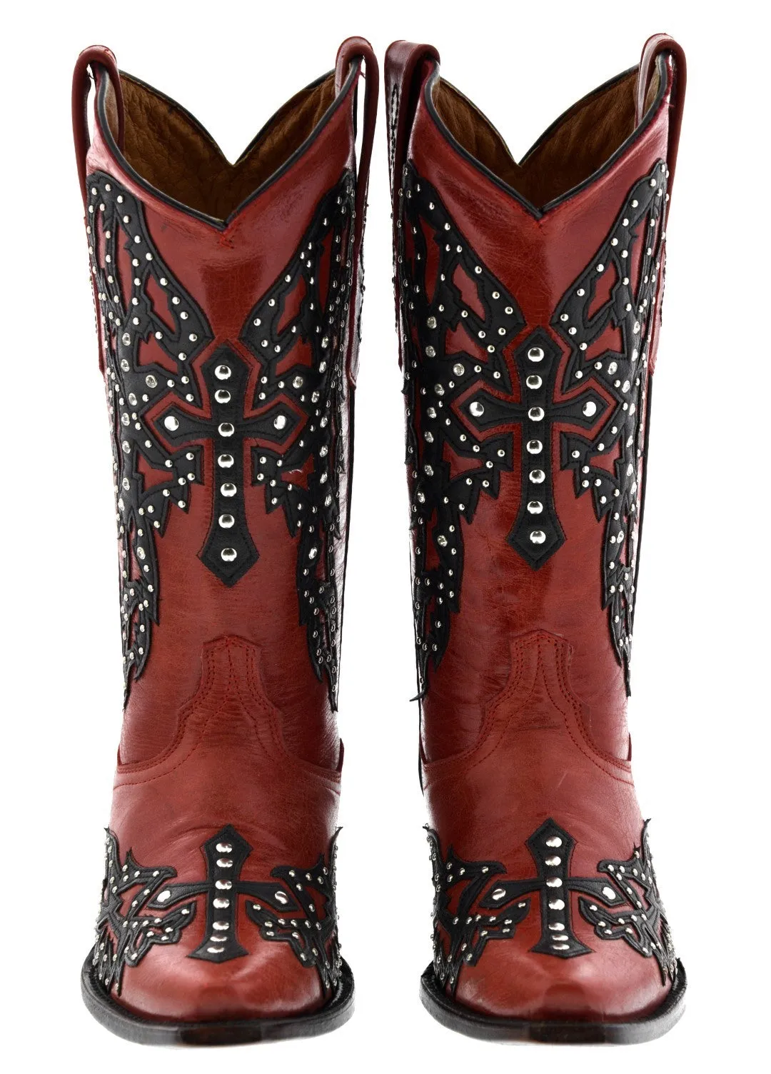Womens Angels Red Leather Cowboy Boots Studded Snip Toe
