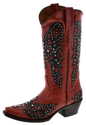 Womens Angels Red Leather Cowboy Boots Studded Snip Toe
