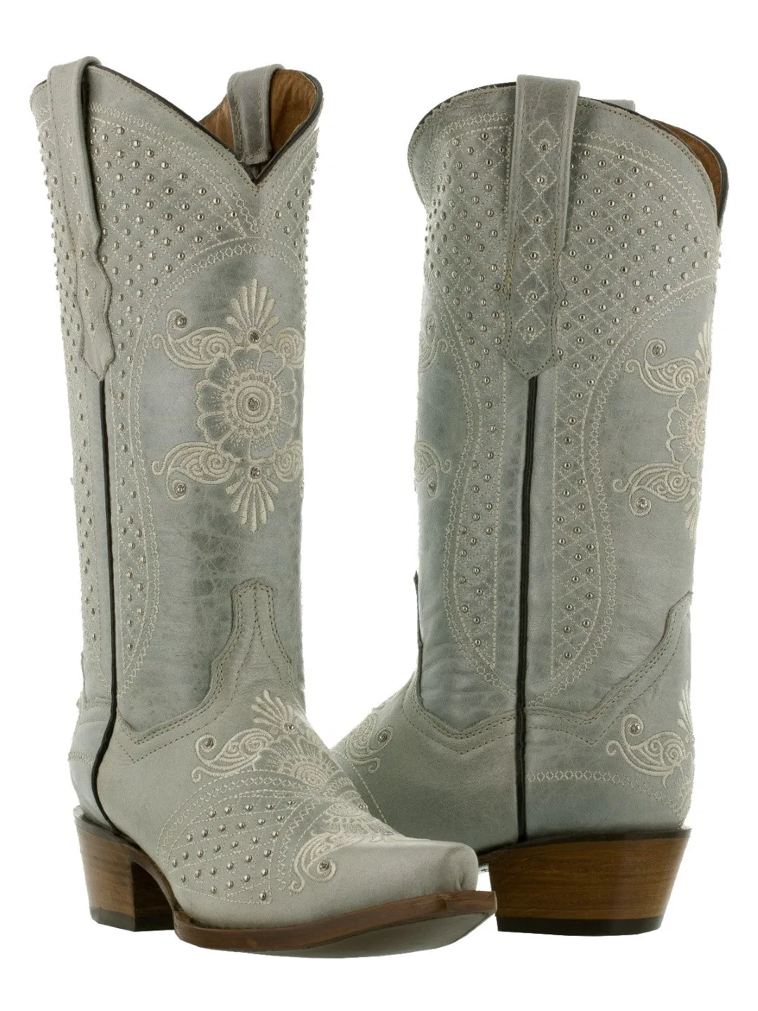 Womens Marfil Off White Wedding Cowboy Boots Studded - Snip Toe