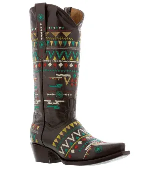 Women's Navajo Brown Embroidered Fashion Cowgirl Boots - Snip Toe
