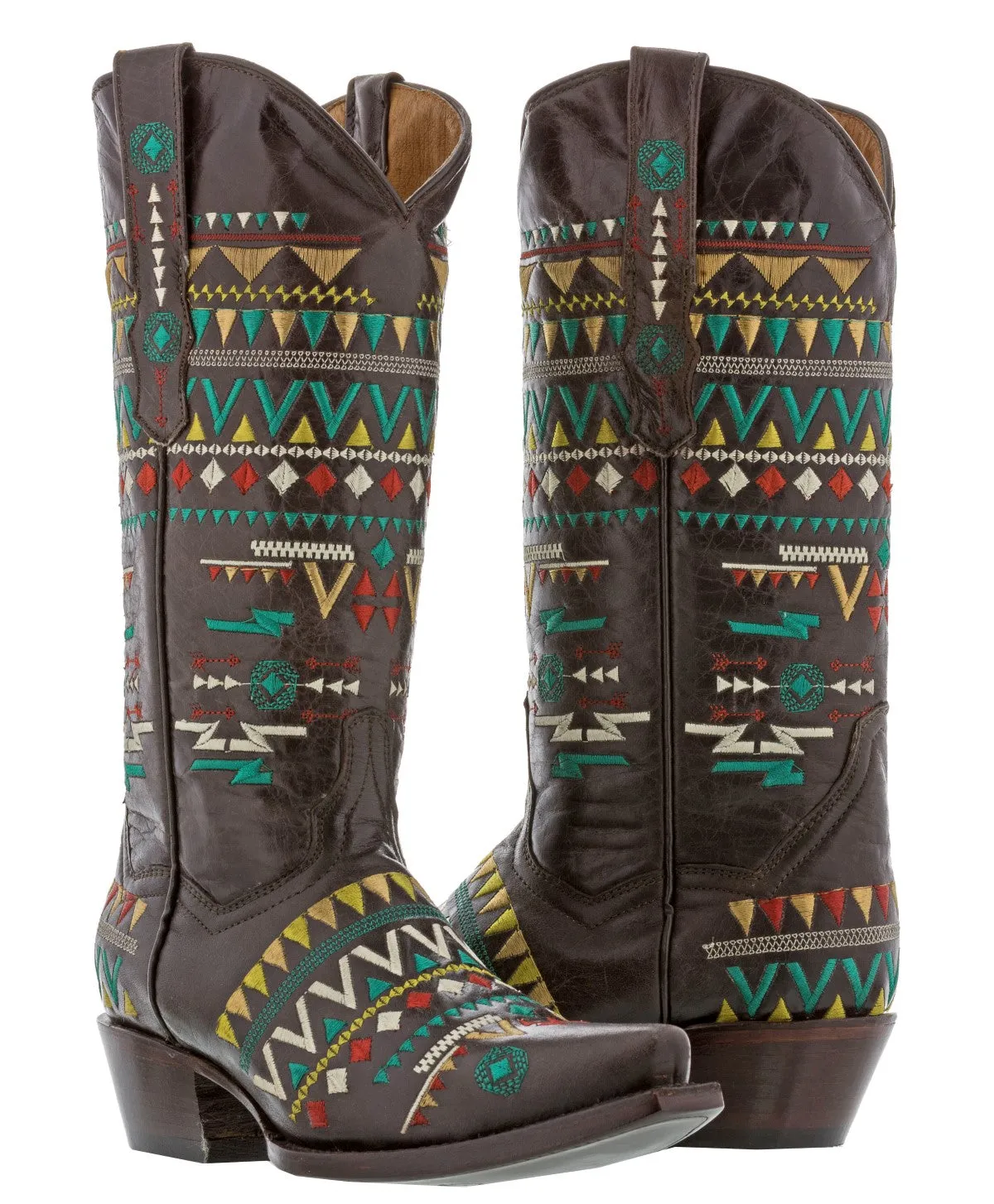 Women's Navajo Brown Embroidered Fashion Cowgirl Boots - Snip Toe