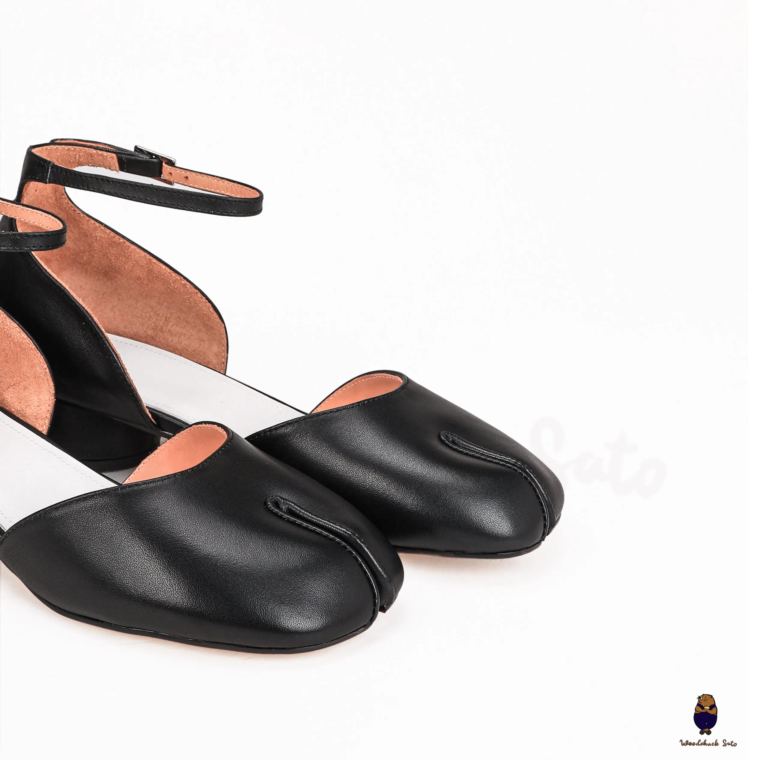 WoodChuckSato Black Tabi Split-Toe Cow Leather Summer Sandals with Low Heels & Ankle Strap Buckle Sizes EU 35-45