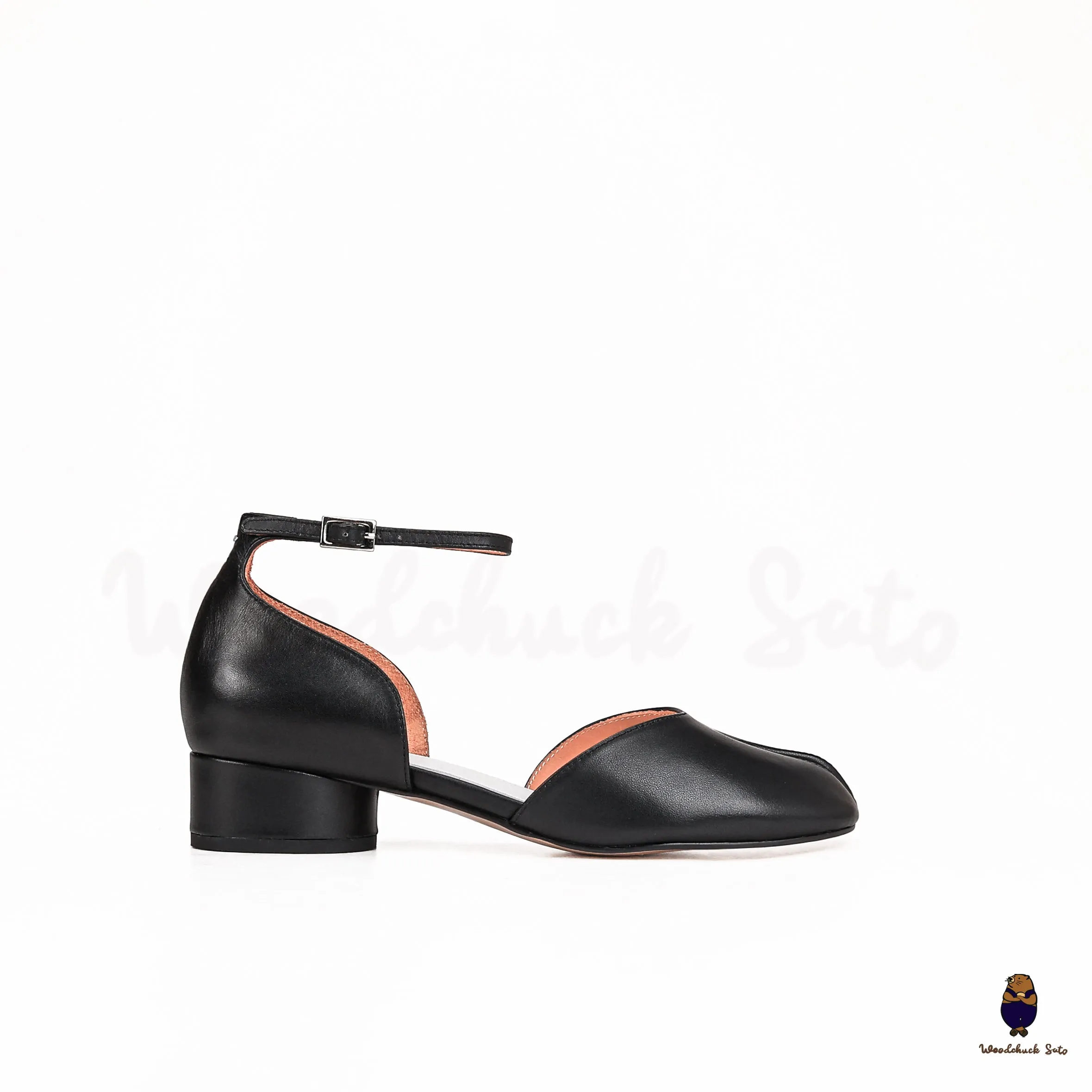 WoodChuckSato Black Tabi Split-Toe Cow Leather Summer Sandals with Low Heels & Ankle Strap Buckle Sizes EU 35-45