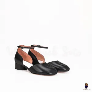 WoodChuckSato Black Tabi Split-Toe Cow Leather Summer Sandals with Low Heels & Ankle Strap Buckle Sizes EU 35-45