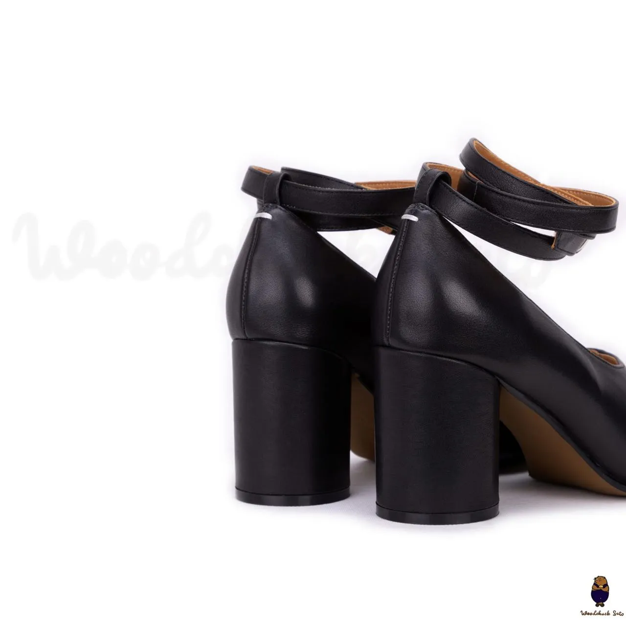 WoodChuckSato Black Tabi Split-Toe Leather Mary Jane Pumps with 8cm Heels & Ankle Strap Buckle Sizes EU 35-41