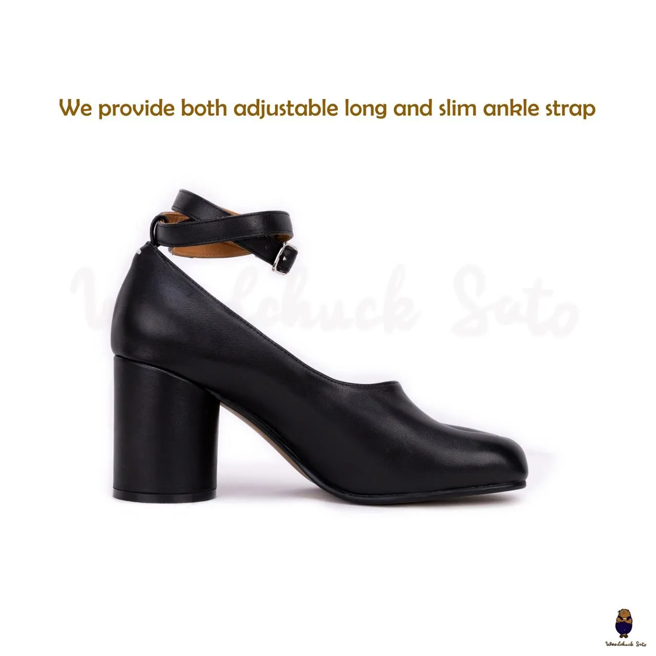 WoodChuckSato Black Tabi Split-Toe Leather Mary Jane Pumps with 8cm Heels & Ankle Strap Buckle Sizes EU 35-41