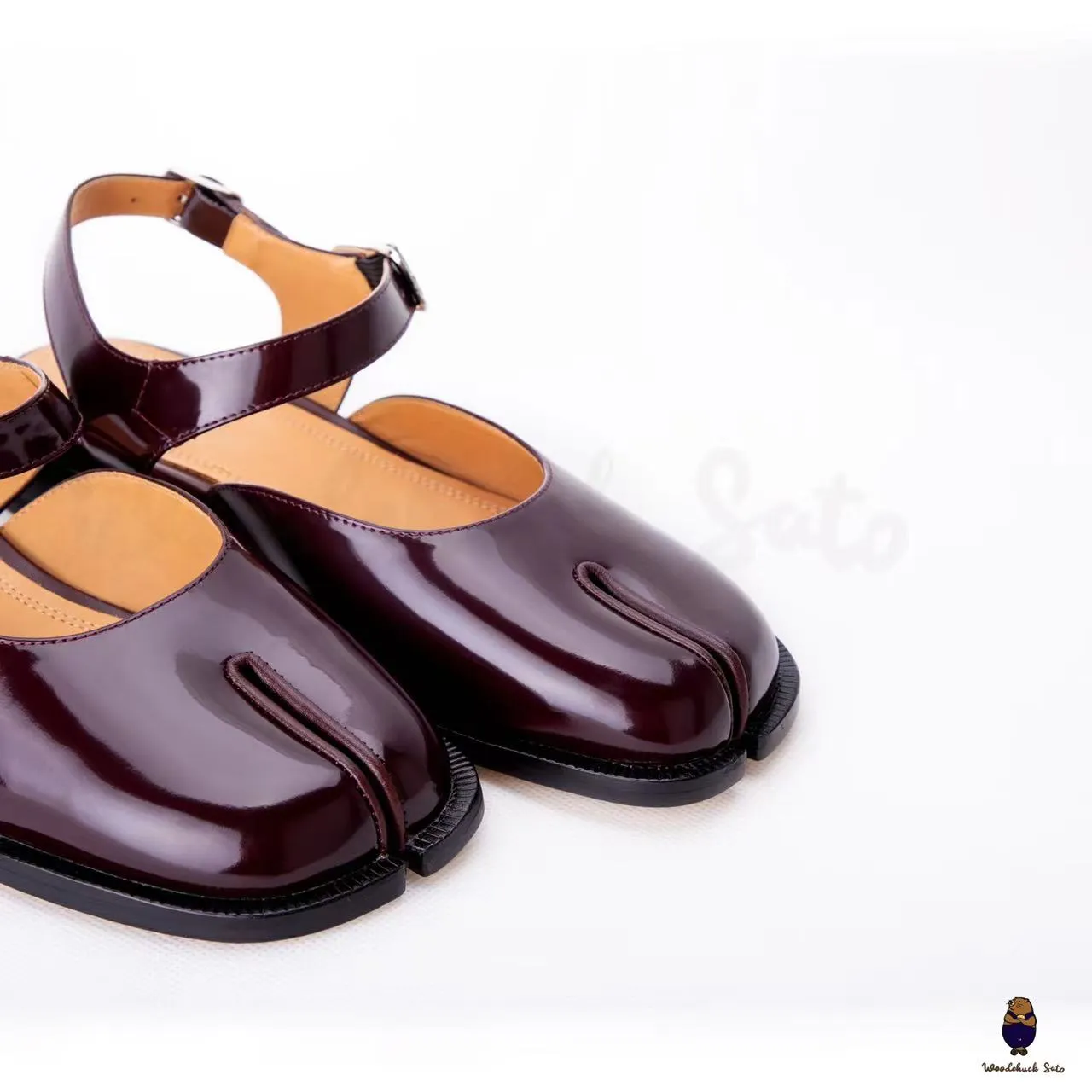 WoodChuckSato Women's Men's Burgundy Tabi Split-Toe Cow Leather Sandal Flats with Adjustable Ankle Straps Sizes EU 35-46