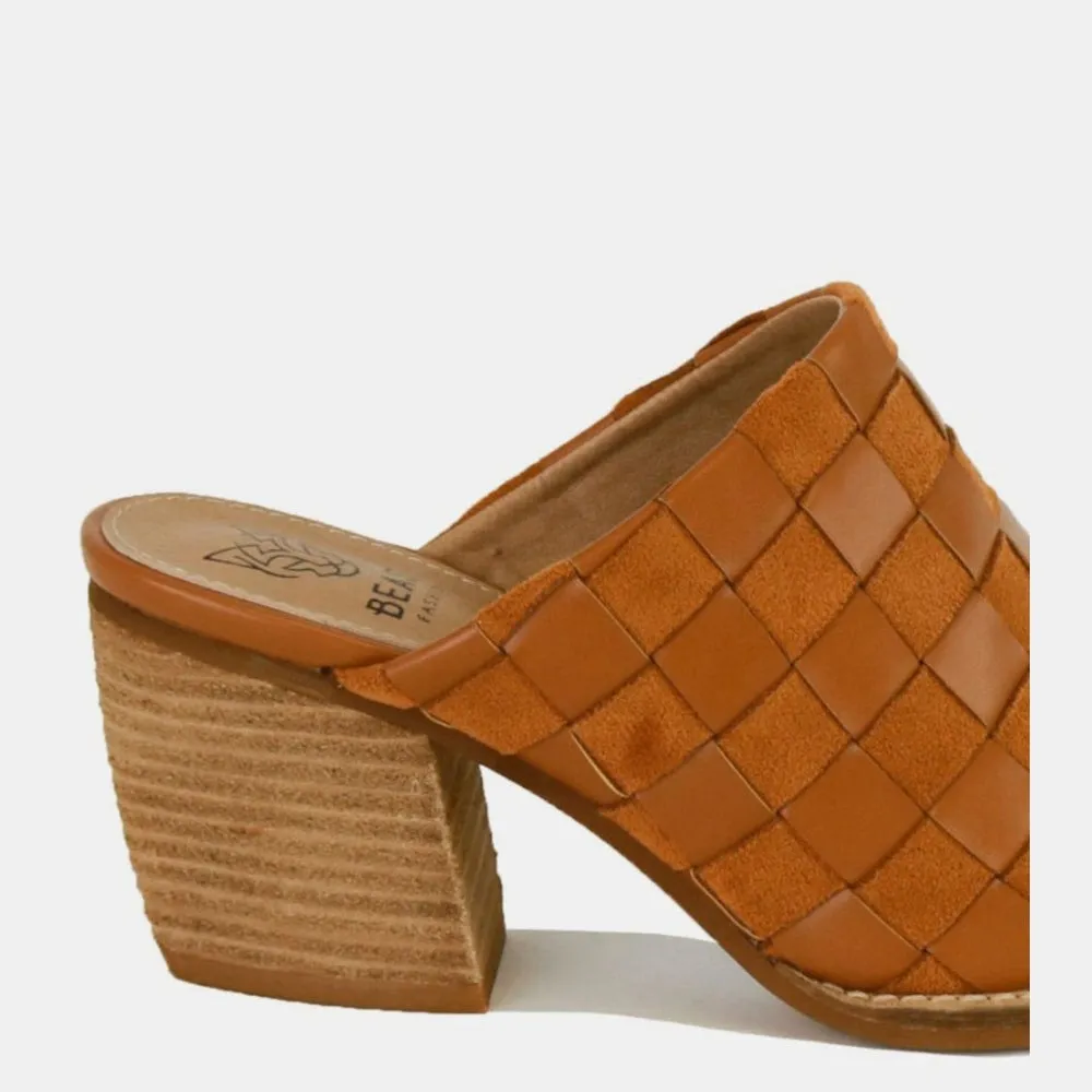 Woven Checkerboard Block Heel Mule Shoes